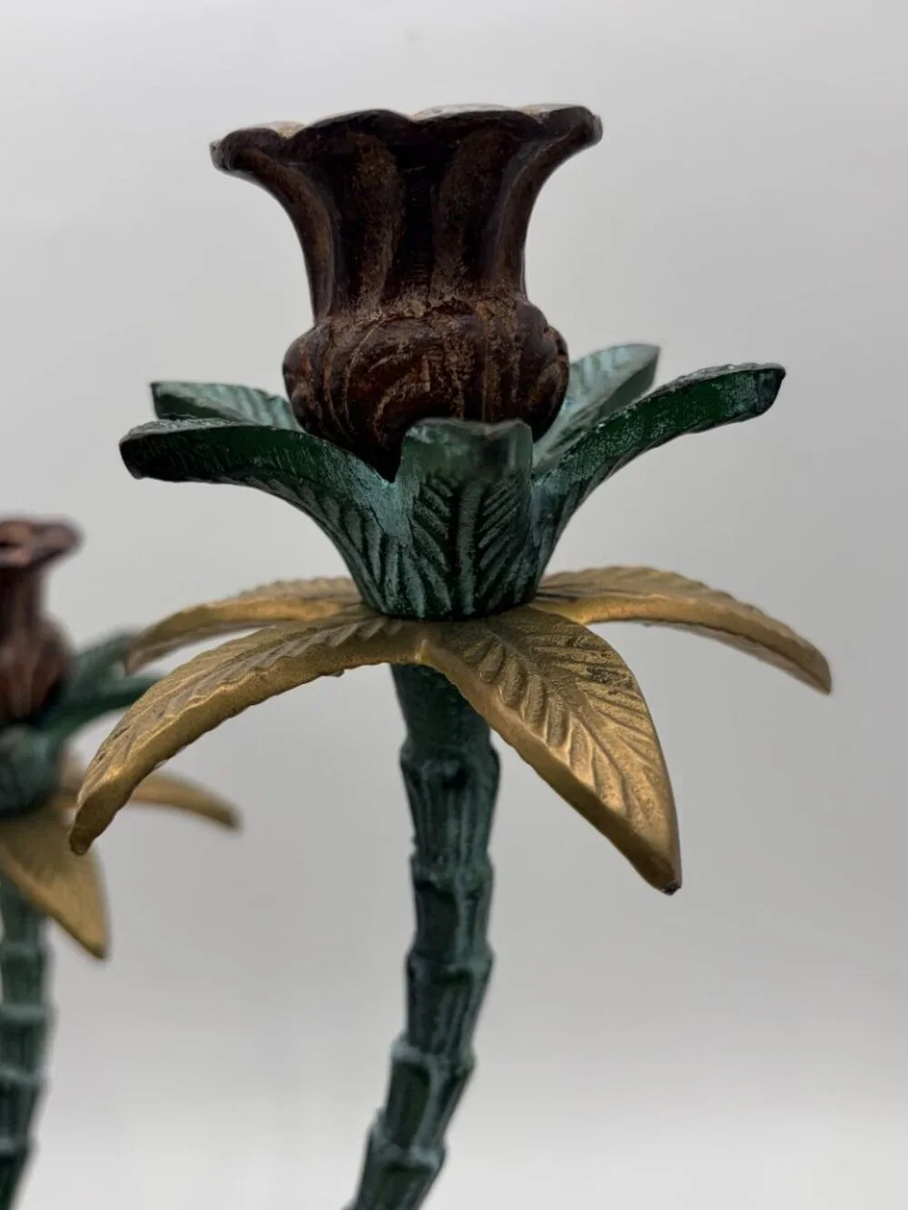 Vintage 1970s Tropical Palm Tree Cast Iron Candelabra Candle Holder
